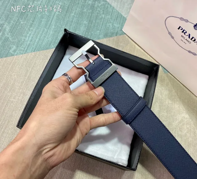 Prada Navy Silver Saffiano Texture Geometric Buckle Leather Belt 8
