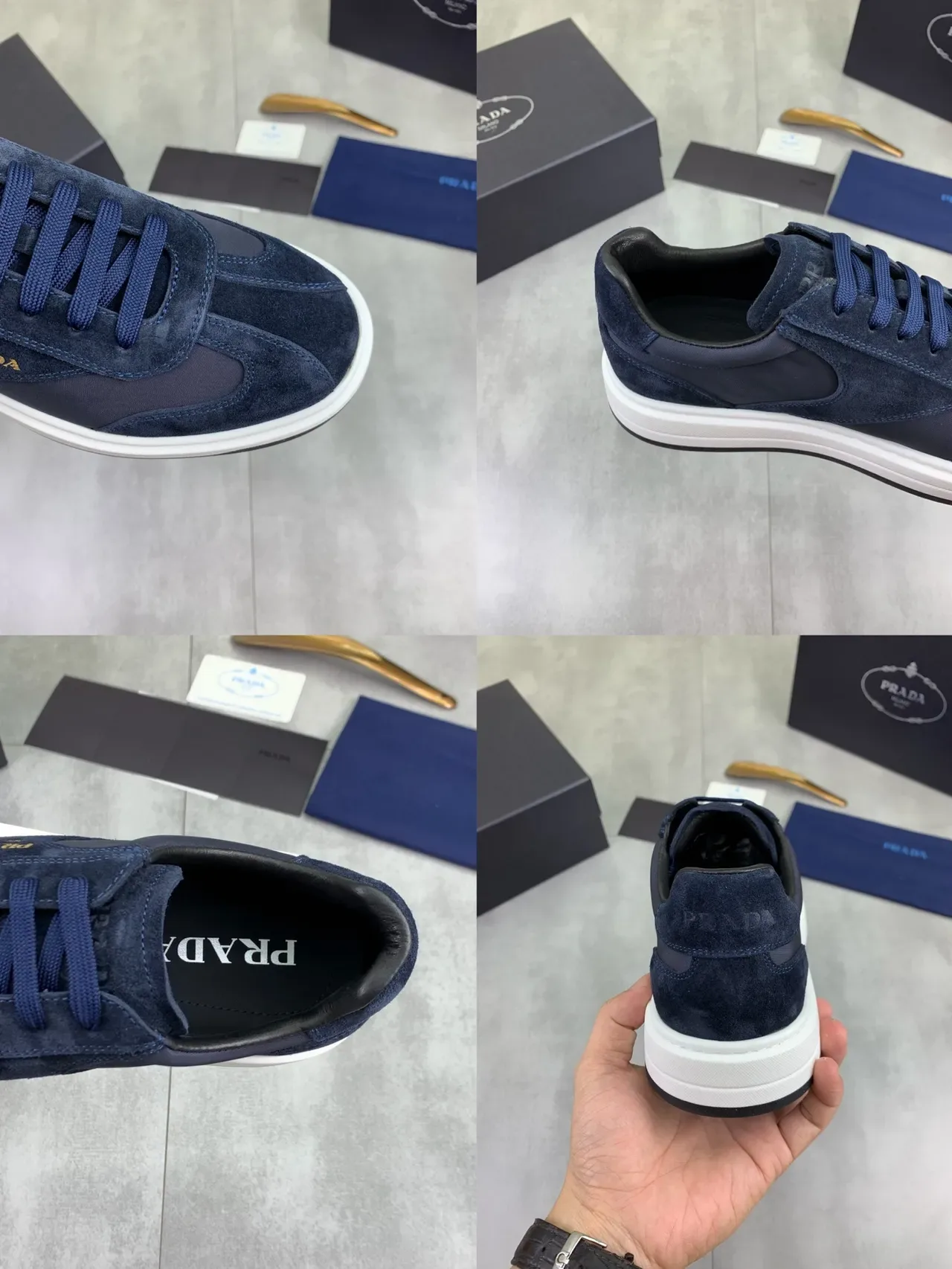 Prada أحذية رياضية lifestyle باللون البحري من السويدي والنايلون مع لوحة الشعار 3