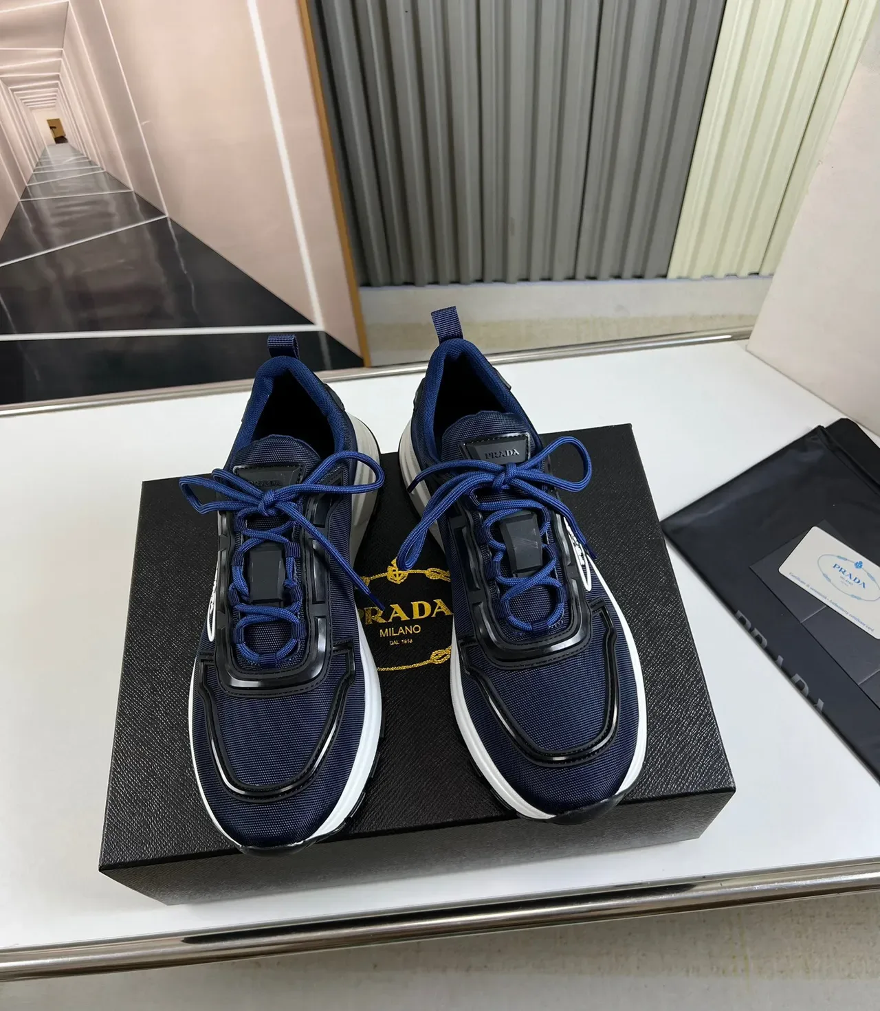 Prada Navy White Mesh Upper Chunky Midsole Sneakers 9