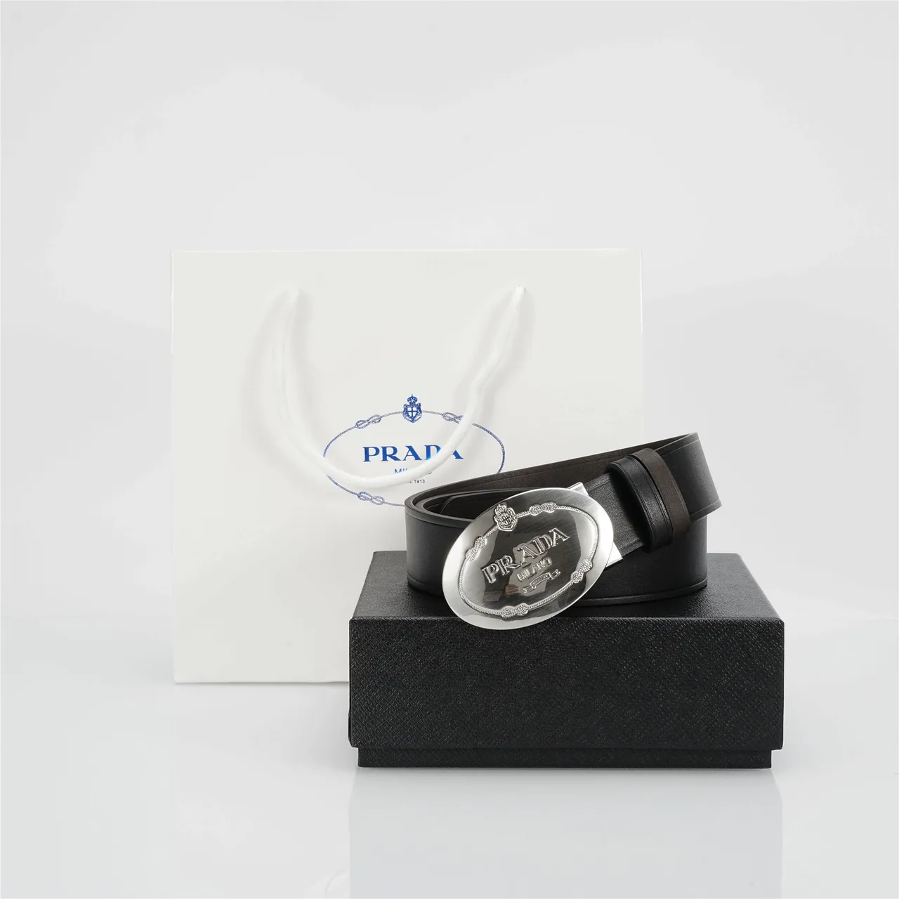 Prada Oval Buckle Black Leather Belt 4
