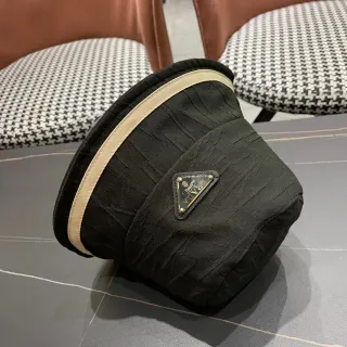 Prada Re-Edition Black Beige Textured Fabric Top Rim Band Bucket Bag