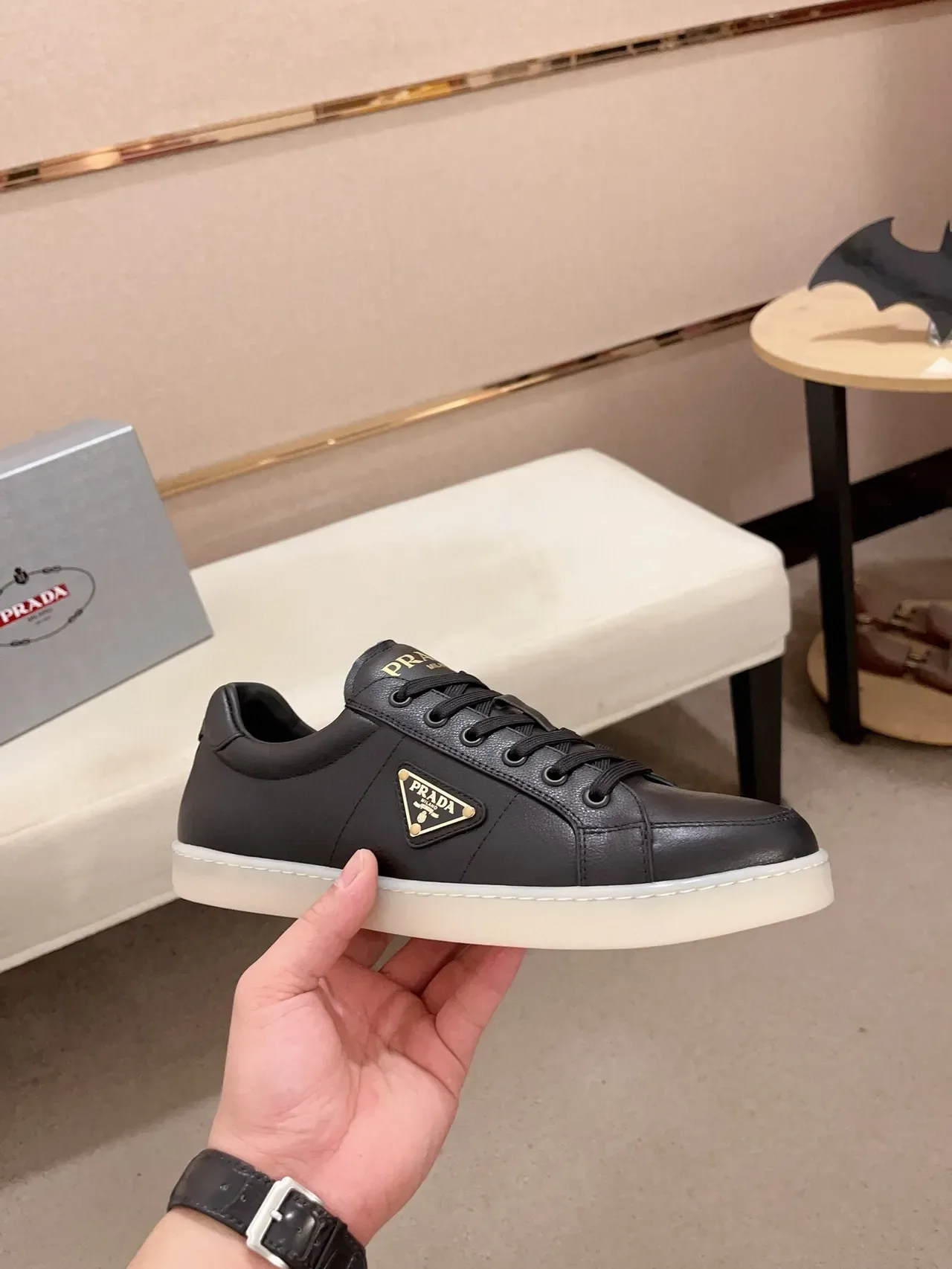 Prada Re-Edition Black White Leather Upper Triangle Logo Patch Lifestyle Sneakers 4
