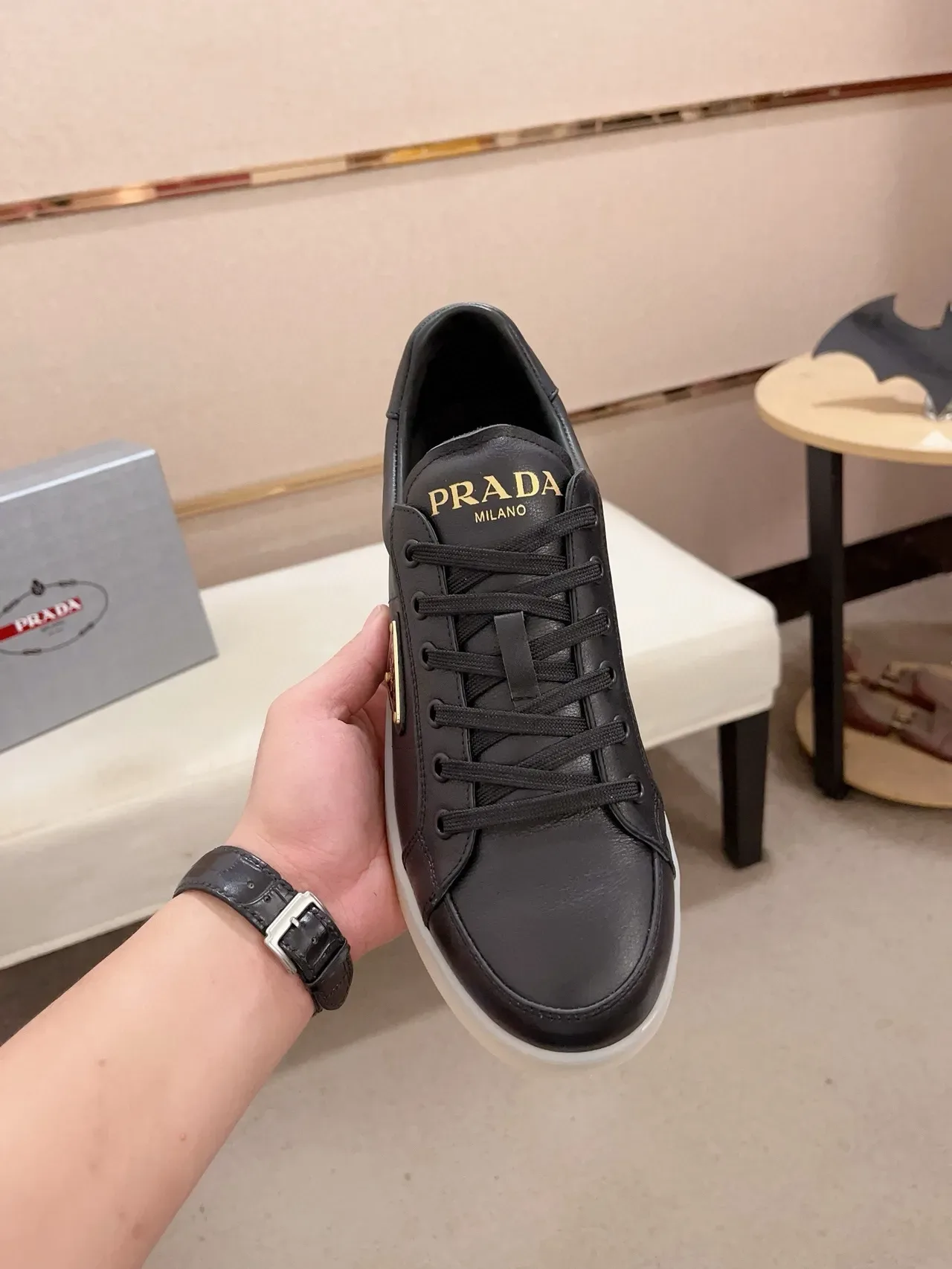 Prada Re-Edition Black White Leather Upper Triangle Logo Patch Lifestyle Sneakers 5