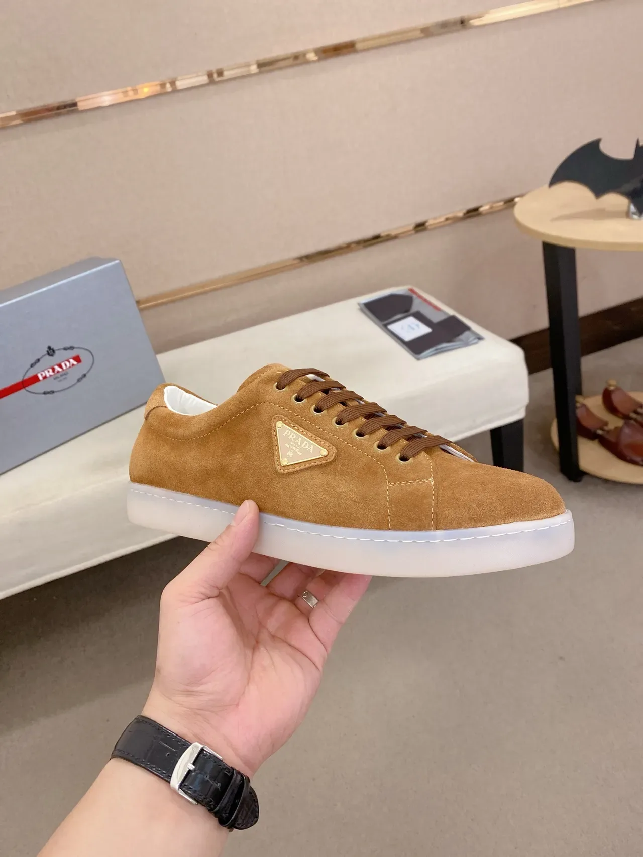 Prada Re-Edition Brown White Suede Upper Triangular Logo Plaque Lifestyle Sneakers 4