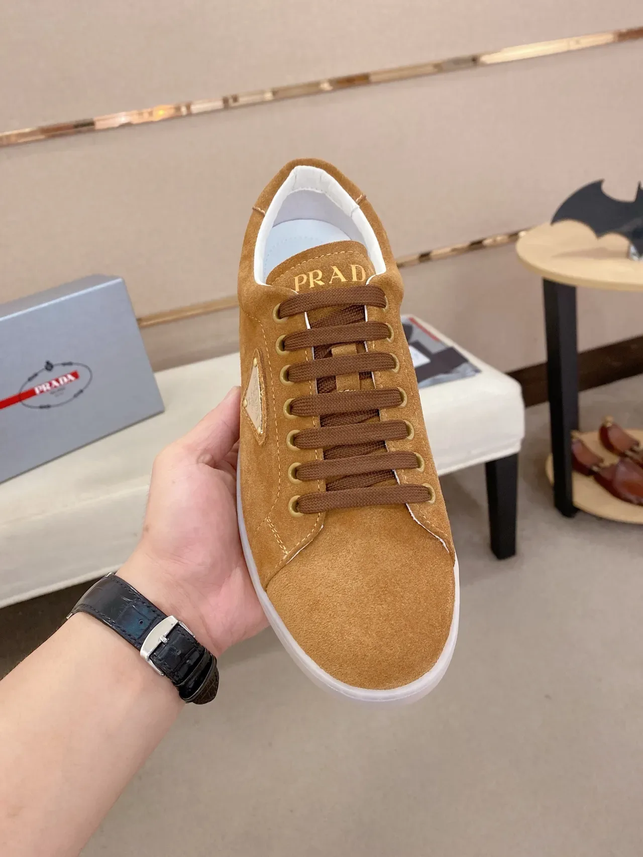 Prada Re-Edition Brown White Suede Upper Triangular Logo Plaque Lifestyle Sneakers 5