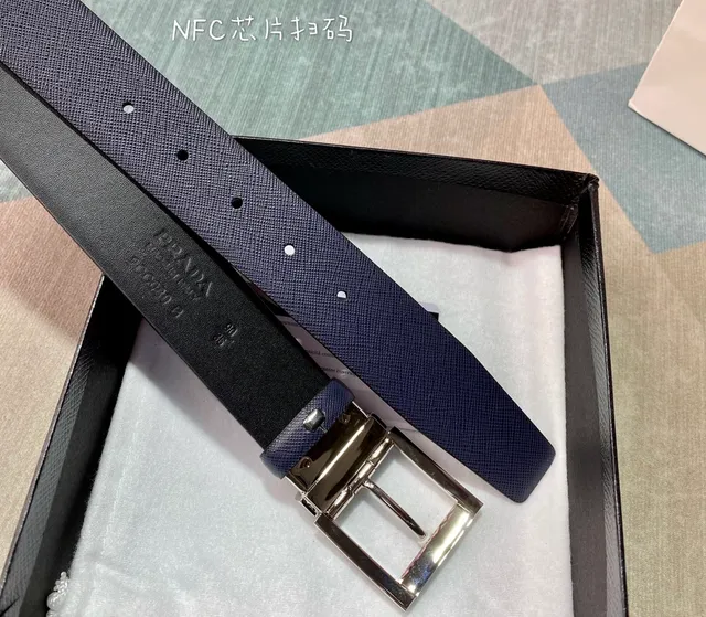 Prada Reversible Navy Silver Textured And Smooth Dual-Finish Leather Belt 3