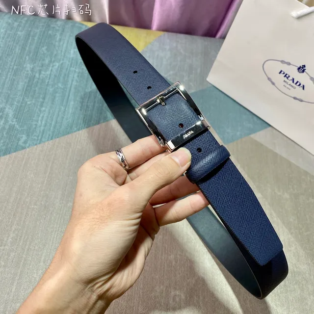 Prada Reversible Navy Silver Textured And Smooth Dual-Finish Leather Belt 7
