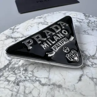 Prada Triangle Black Silver Triangular Enamel-and-Metal Brooch