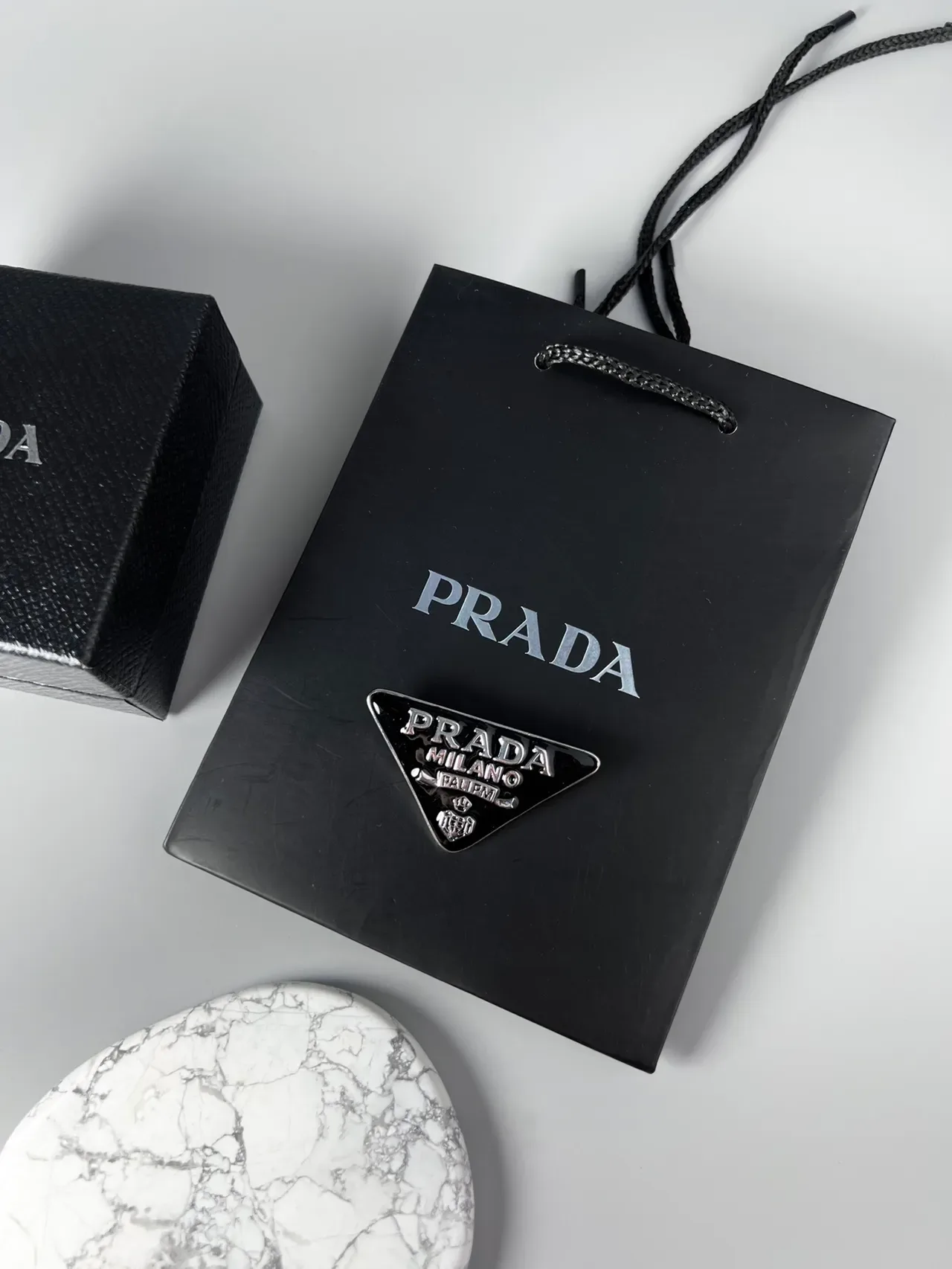Prada Triangle Black Silver Triangular Enamel-and-Metal Brooch 3