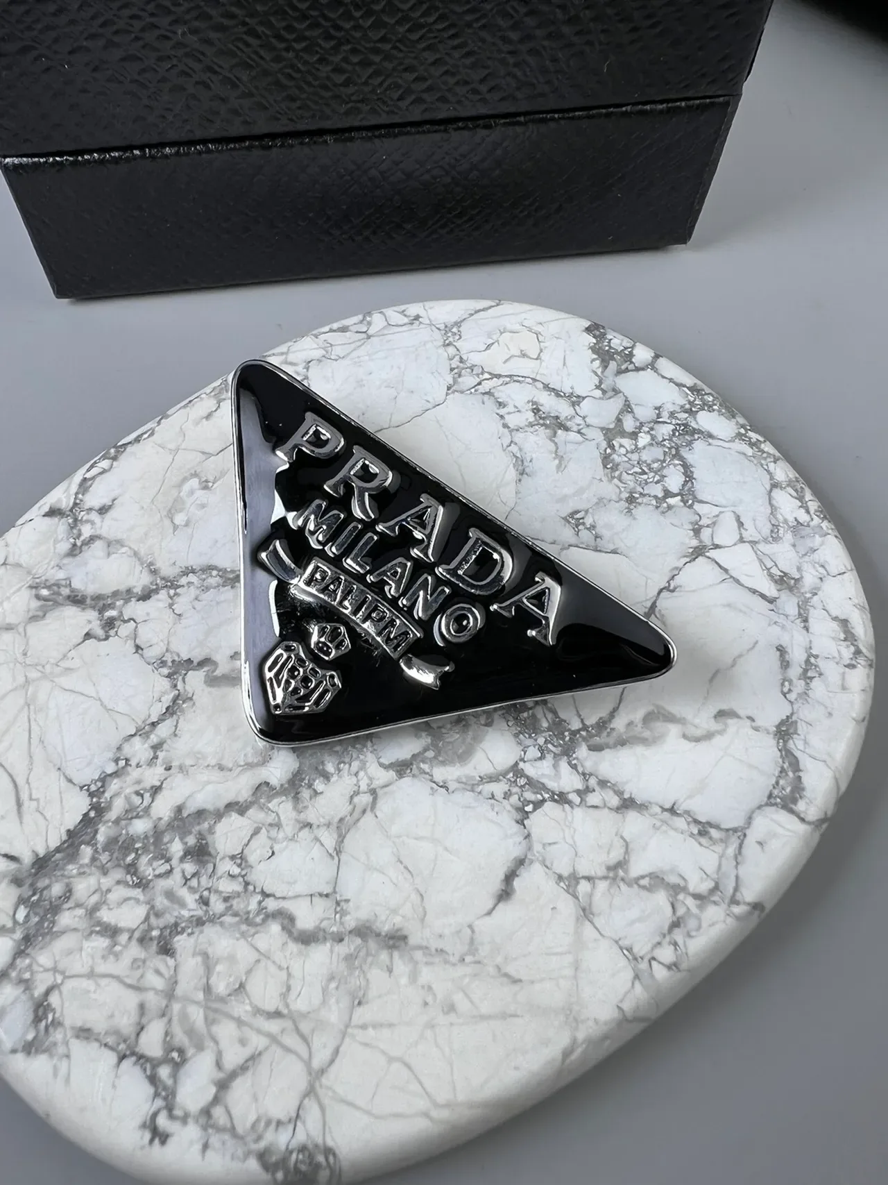 Prada Triangle Black Silver Triangular Enamel-and-Metal Brooch 4