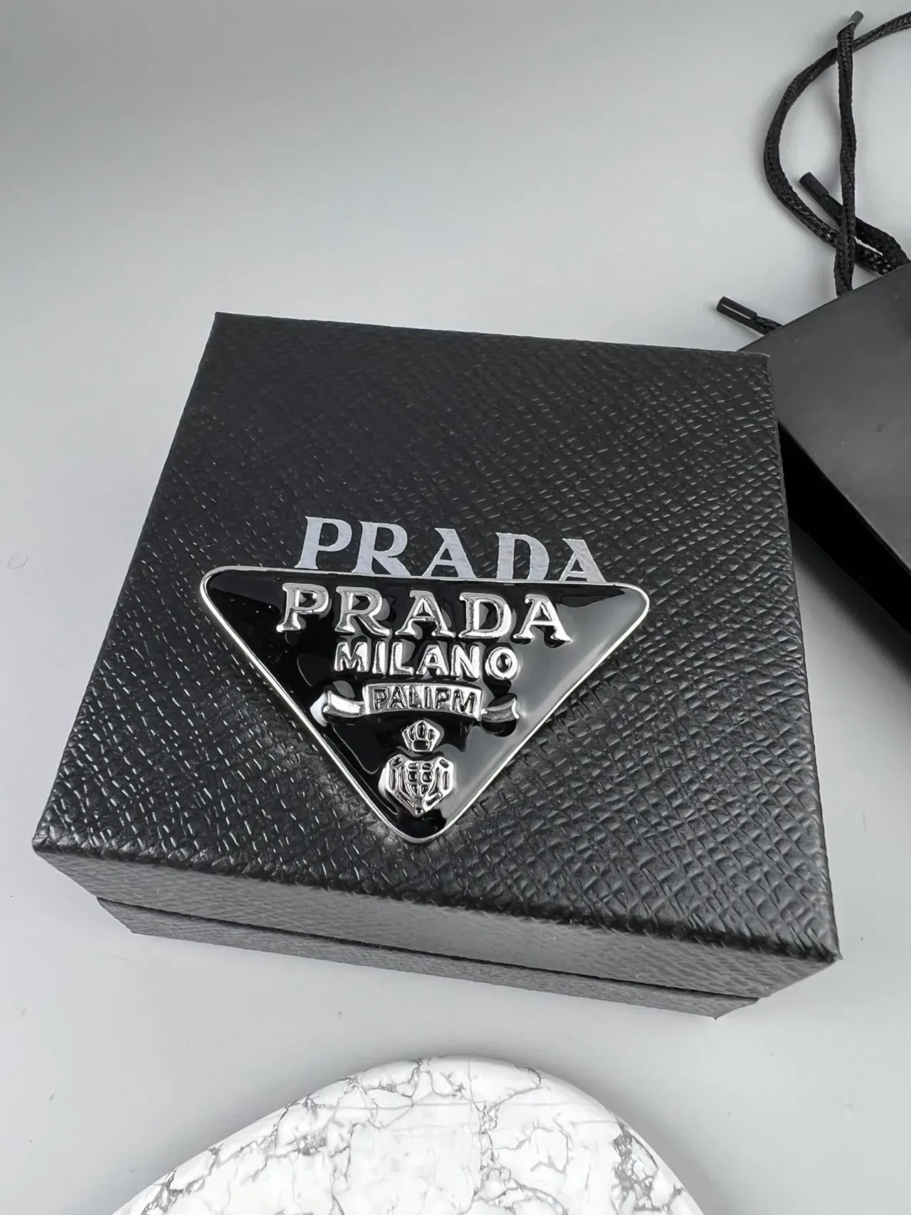 Prada Triangle Black Silver Triangular Enamel-and-Metal Brooch 5