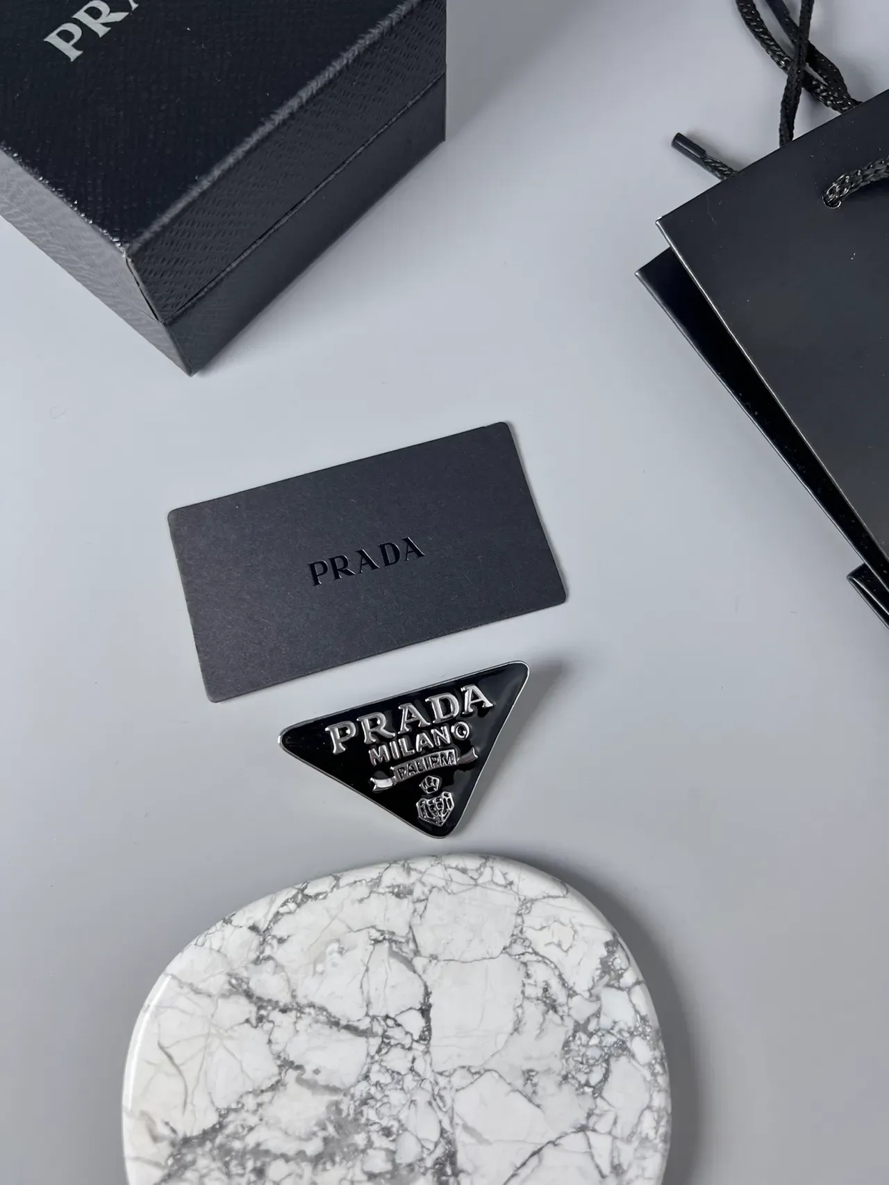 Prada Triangle Black Silver Triangular Enamel-and-Metal Brooch 6