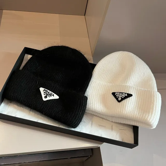 Prada Triangular Logo Off-White Ribbed Knit Beanie 2
