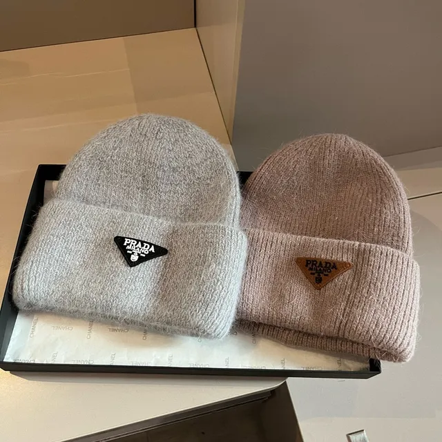 Prada Triangular Logo Off-White Ribbed Knit Beanie 3