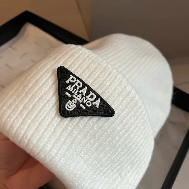 Prada Triangular Logo Off-White Ribbed Knit Beanie 4