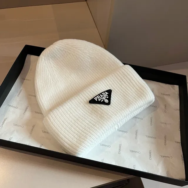 Prada Triangular Logo Off-White Ribbed Knit Beanie 6