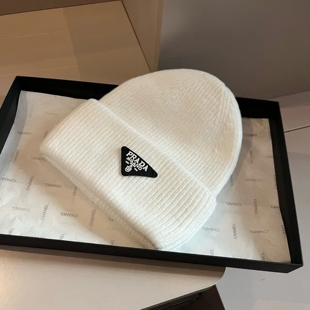 Prada Triangular Logo Off-White Ribbed Knit Beanie 7