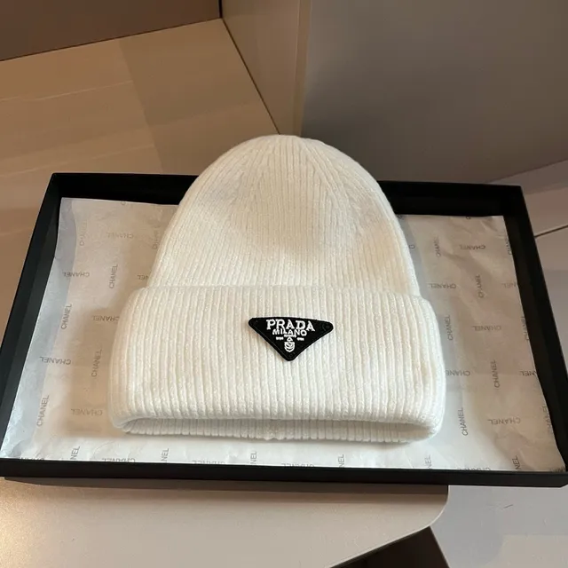 Prada Triangular Logo Off-White Ribbed Knit Beanie 8