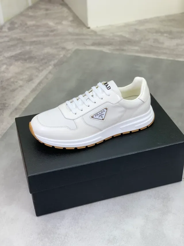 Prada White Beige Leather And Textile Upper Triangular Metal Logo Plaque Lifestyle Sneakers 3