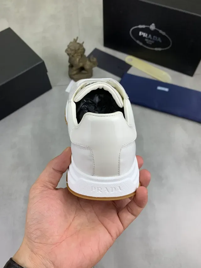 Prada White Beige Leather And Textile Upper Triangular Metal Logo Plaque Lifestyle Sneakers 4