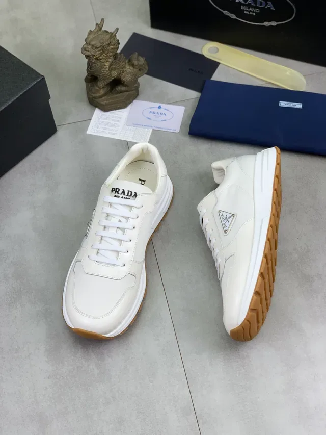 Prada White Beige Leather And Textile Upper Triangular Metal Logo Plaque Lifestyle Sneakers 5