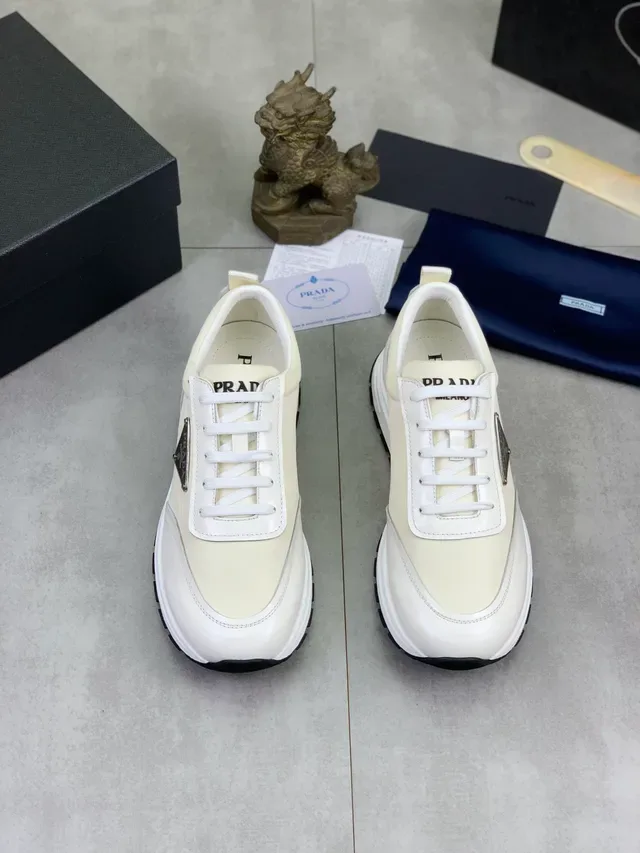 Prada White Black Leather Upper Triangular Metal Logo Plaque Lifestyle Sneakers 5