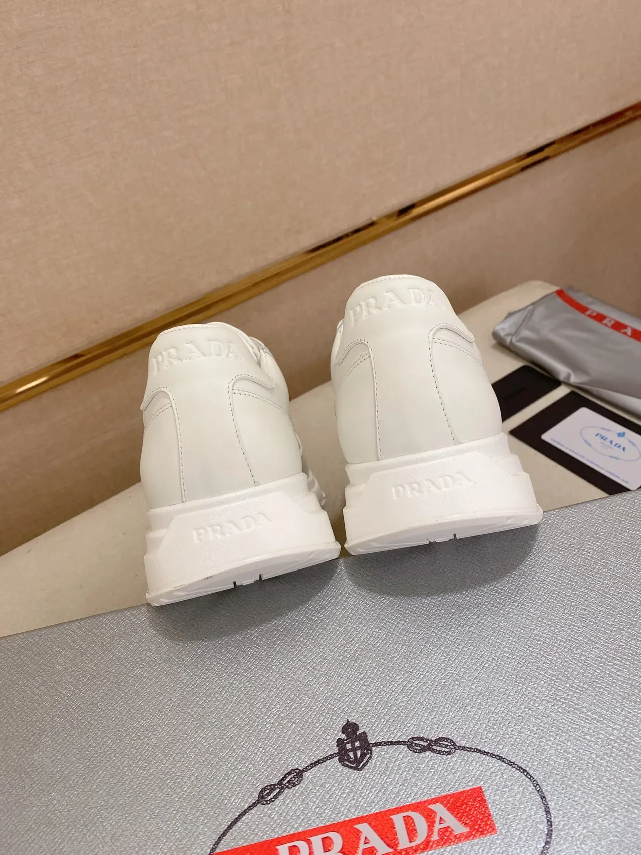 Prada White Gold Leather Perforated Side Panel Lifestyle Sneakers 3