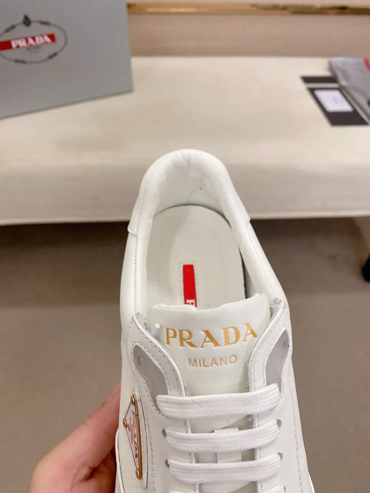 Prada White Gold Leather Perforated Side Panel Lifestyle Sneakers 4