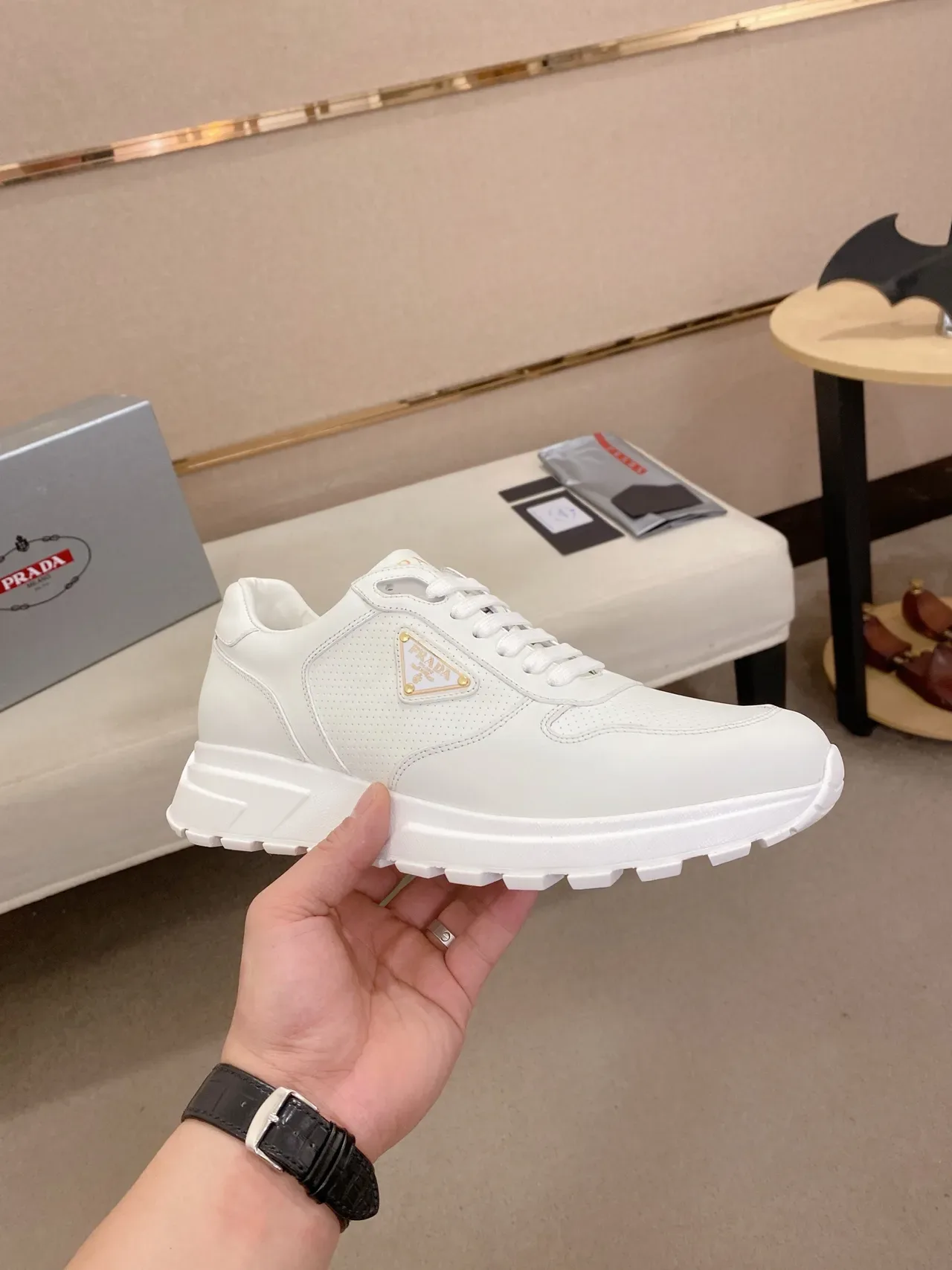 Prada White Gold Leather Perforated Side Panel Lifestyle Sneakers 5