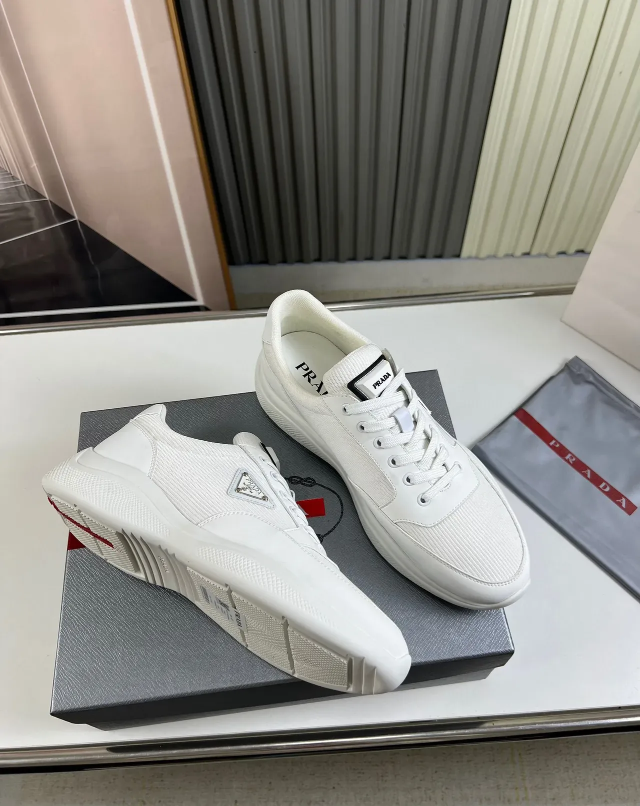 Prada White Low-Top Textile-Mesh Upper Lifestyle Sneakers 5