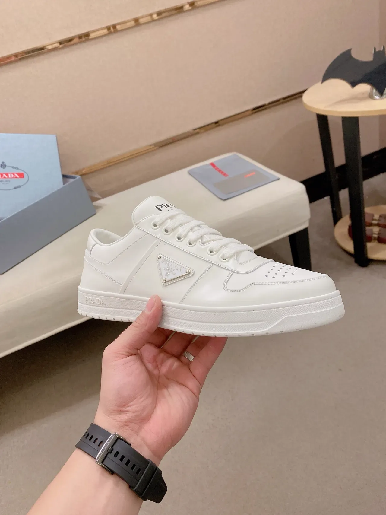Prada White Silver Leather Perforated Toe Cap Lifestyle Sneakers 4