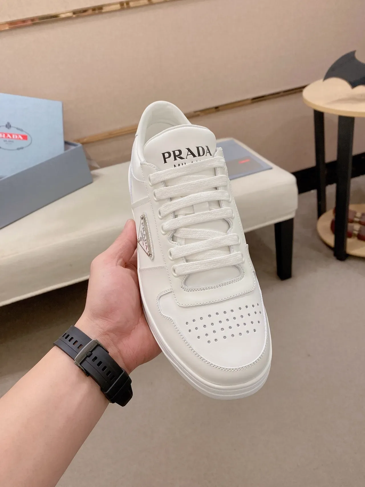 Prada White Silver Leather Perforated Toe Cap Lifestyle Sneakers 5
