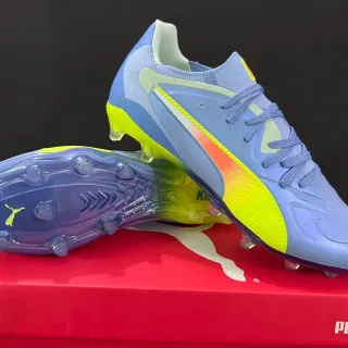Puma Blue Yellow Low-Cut Knit Upper Asymmetrical Lacing Firm-Ground Soccer Shoes