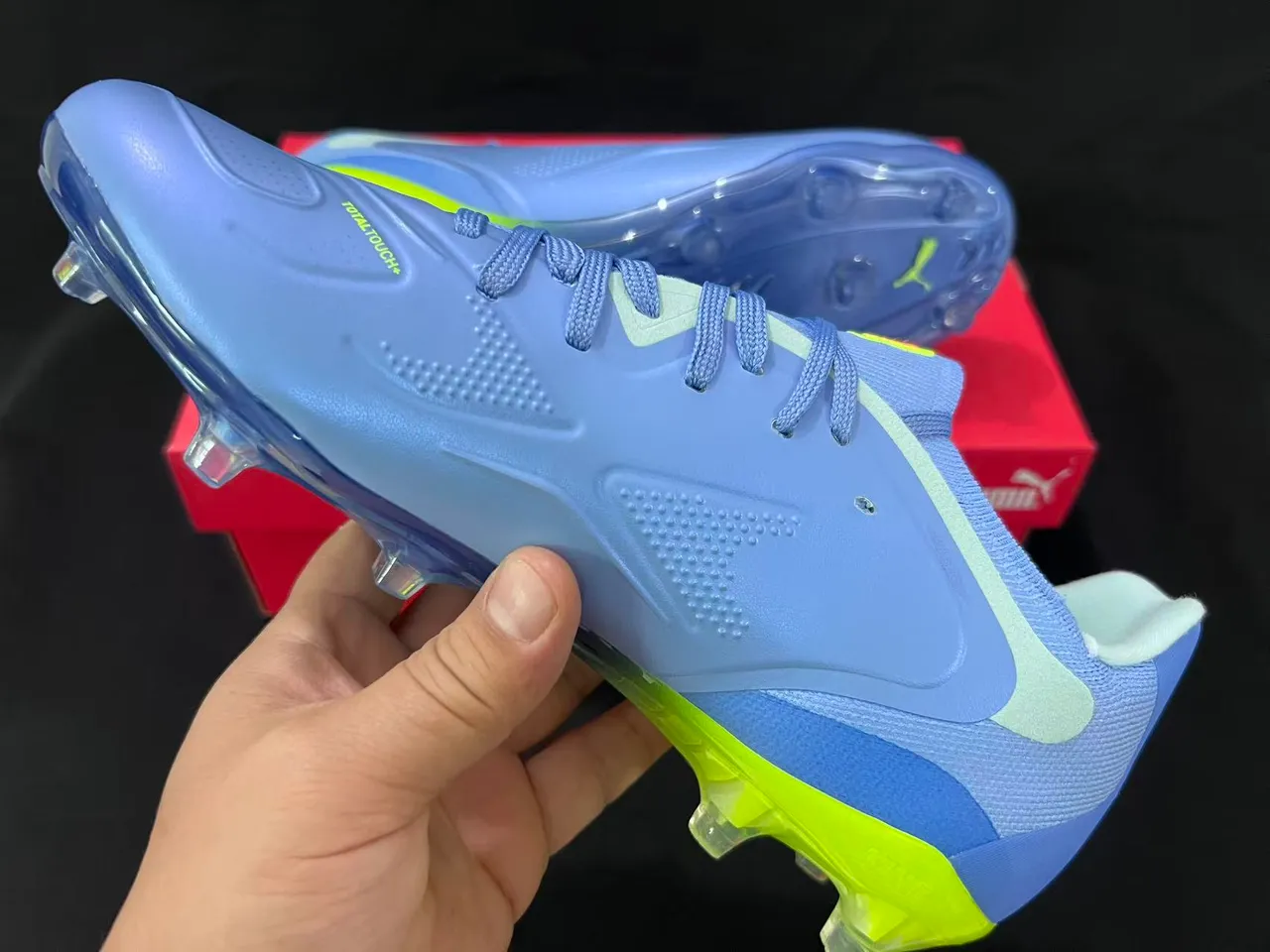Puma Azul Amarelo Baixo Corte Tricô Superior Lacinhos Assimétricos Firm-Ground Sapatos de Futebol 5