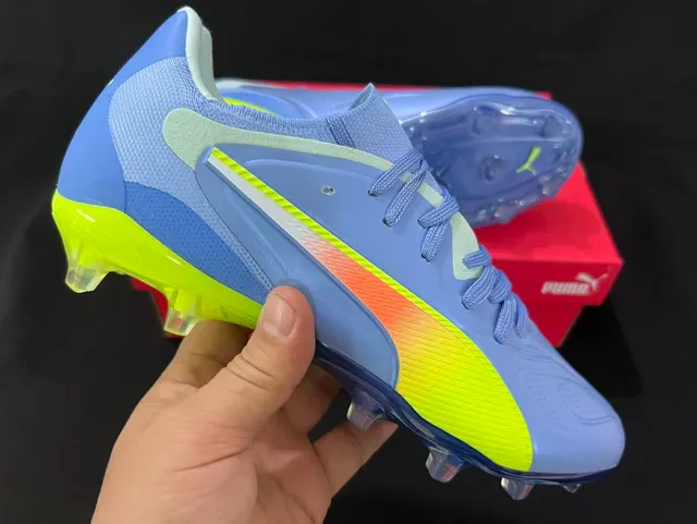 Puma Azul Amarelo Baixo Corte Tricô Superior Lacinhos Assimétricos Firm-Ground Sapatos de Futebol 6