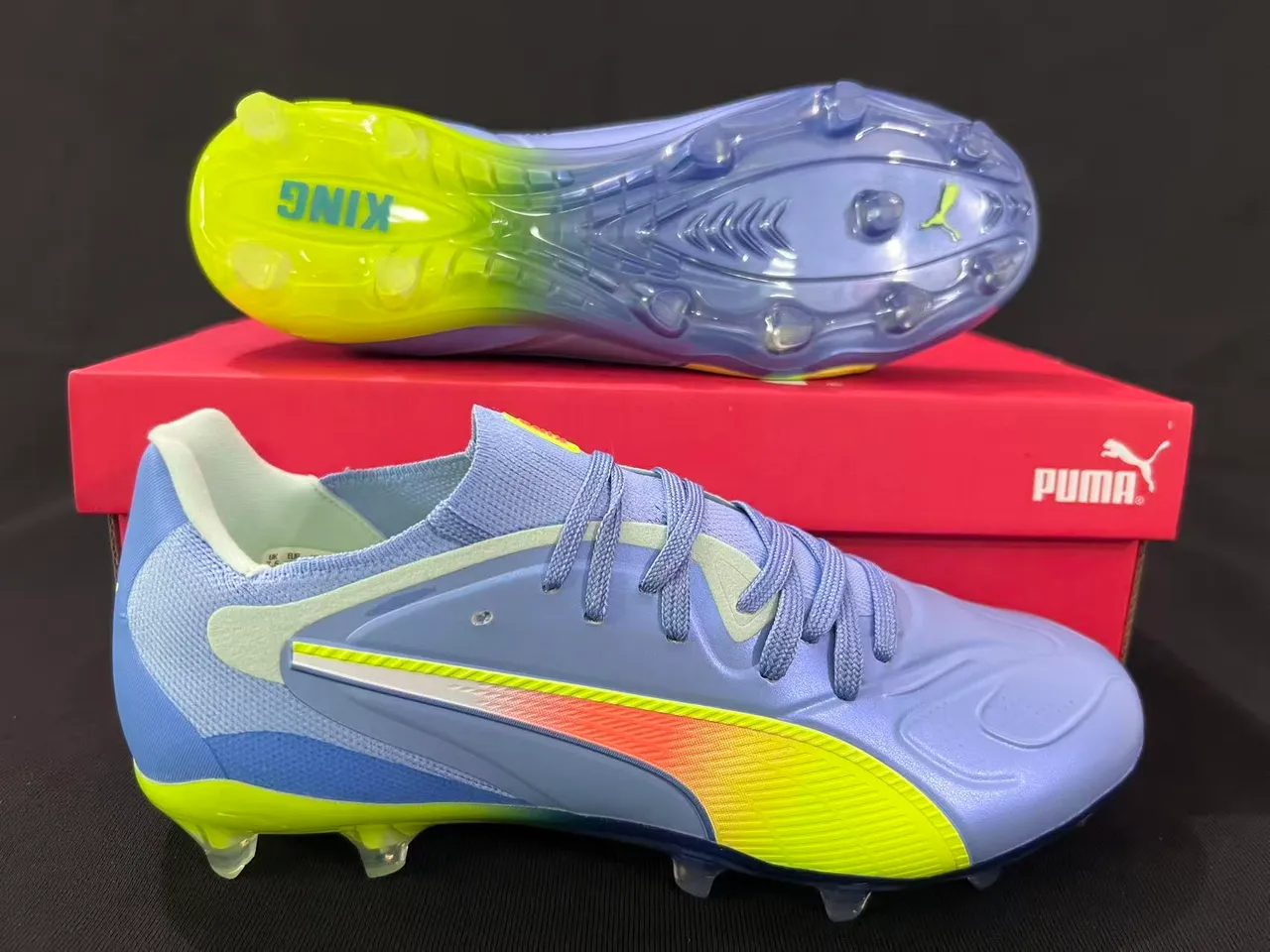 Puma Azul Amarelo Baixo Corte Tricô Superior Lacinhos Assimétricos Firm-Ground Sapatos de Futebol 7
