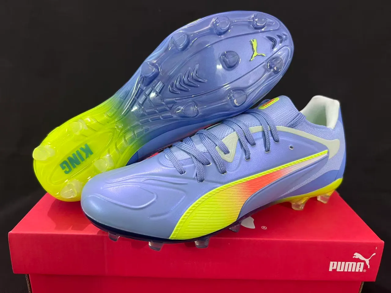 Puma Azul Amarelo Baixo Corte Tricô Superior Lacinhos Assimétricos Firm-Ground Sapatos de Futebol 8