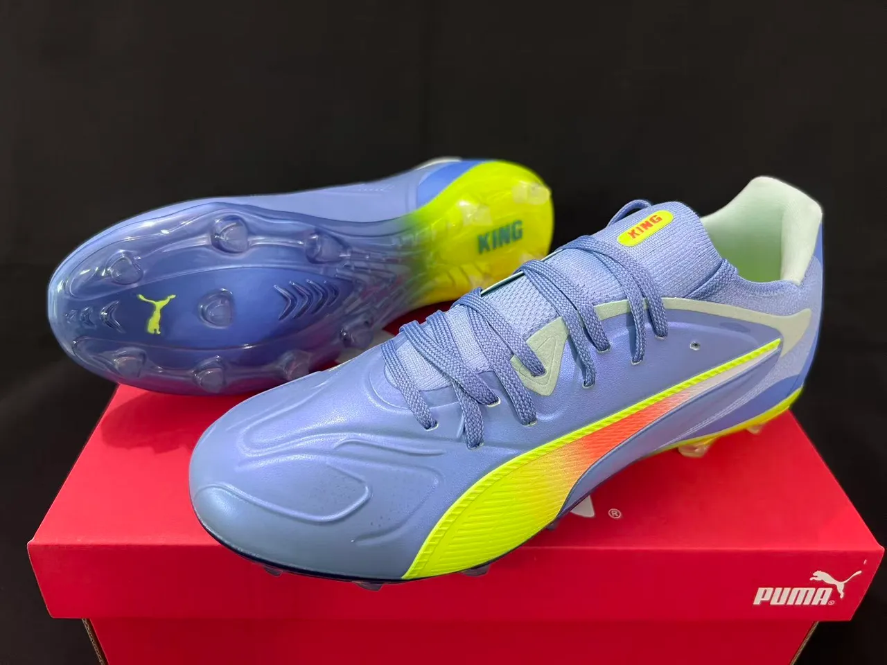 Puma Azul Amarelo Baixo Corte Tricô Superior Lacinhos Assimétricos Firm-Ground Sapatos de Futebol 9