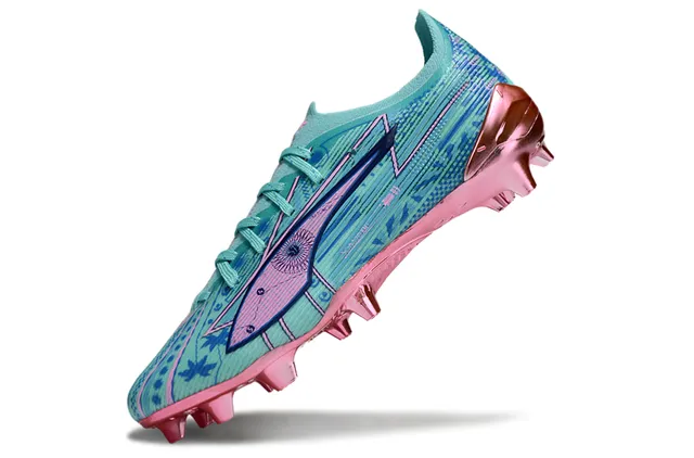 Puma Future Z Azul Rosa Baixo Corte Malha Superior Contrapeso do Calcanhar Metálico Firm-Ground Sapatos de Futebol 3