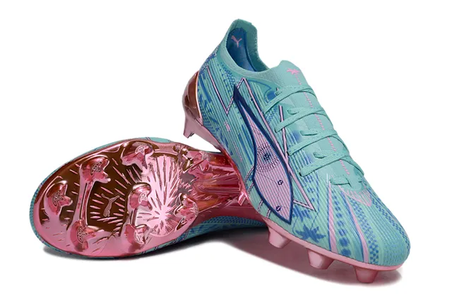 Puma Future Z Azul Rosa Baixo Corte Malha Superior Contrapeso do Calcanhar Metálico Firm-Ground Sapatos de Futebol 4