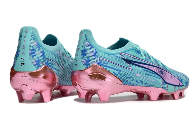 Puma Future Z Azul Rosa Baixo Corte Malha Superior Contrapeso do Calcanhar Metálico Firm-Ground Sapatos de Futebol 5
