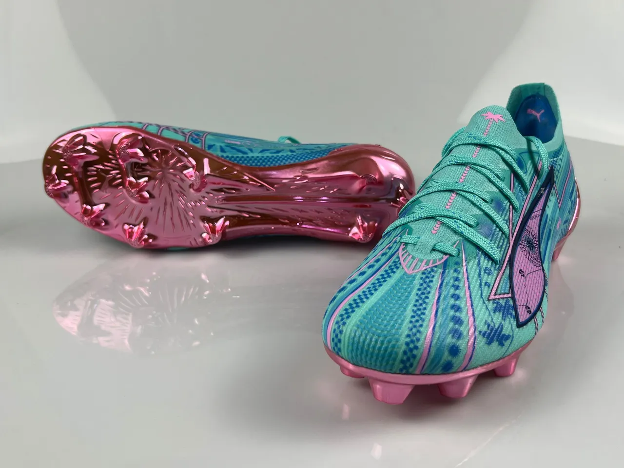 Puma Future Z Azul Rosa Baixo Corte Malha Superior Contrapeso do Calcanhar Metálico Firm-Ground Sapatos de Futebol 8