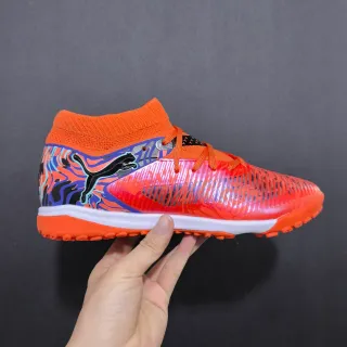 Puma Orange Blue Sock-Fit Knit Collar Molded Synthetic Cage Upper Turf Soccer Shoes