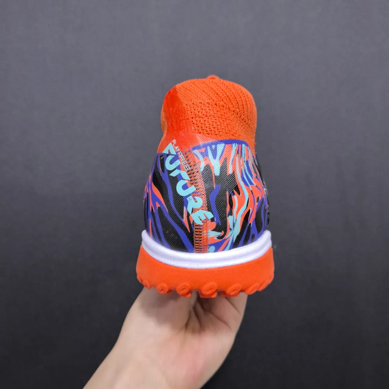 Puma Orange Blue Sock-Fit Knit Collar Molded Synthetic Cage Upper Turf Soccer Shoes 4