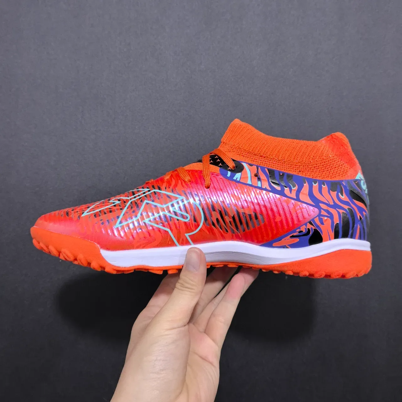 Puma Orange Blue Sock-Fit Knit Collar Molded Synthetic Cage Upper Turf Soccer Shoes 5