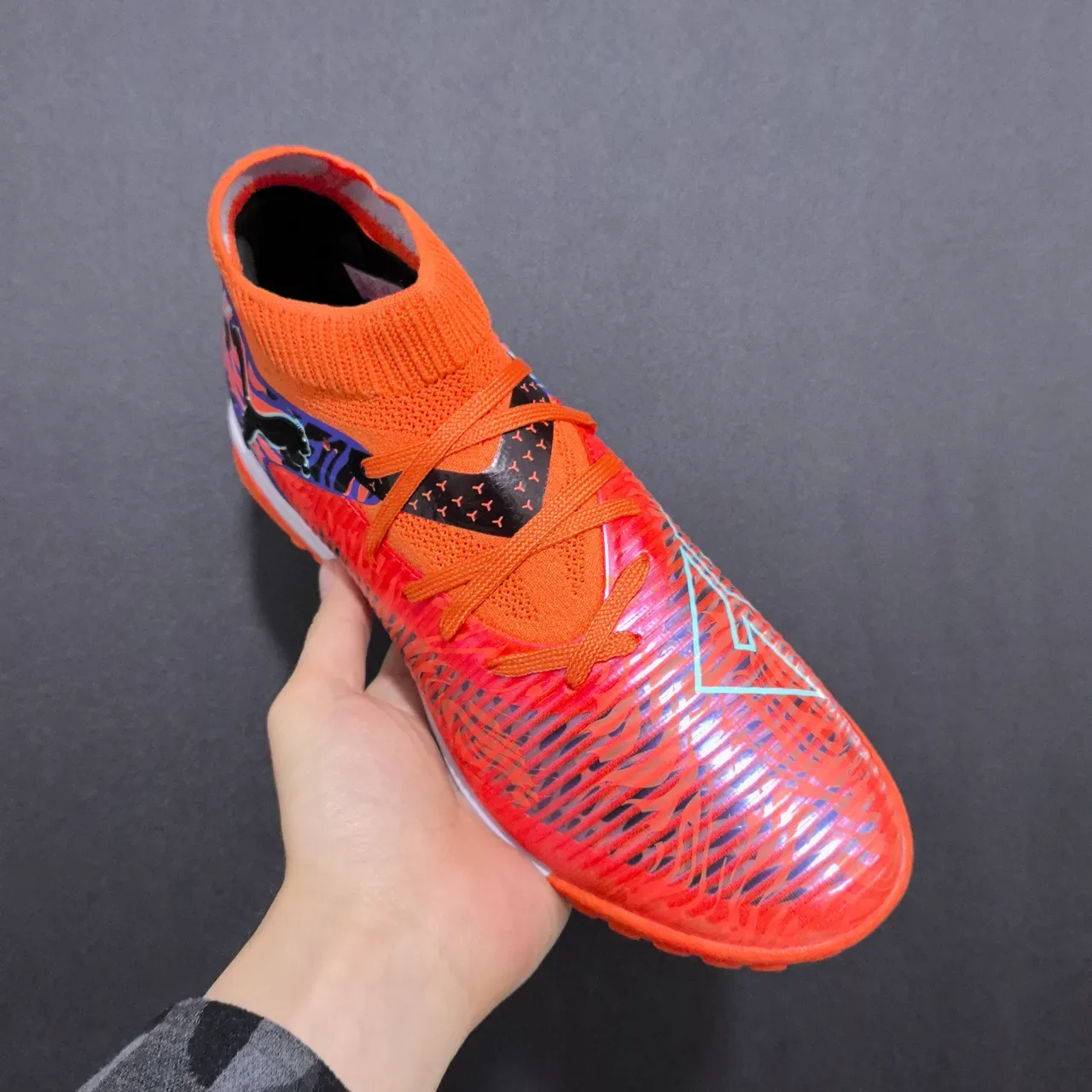Puma Orange Blue Sock-Fit Knit Collar Molded Synthetic Cage Upper Turf Soccer Shoes 6
