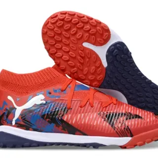 Puma Red Navy Knit Sock Collar Ribbed Synthetic Overlay Turf Soccer Shoes