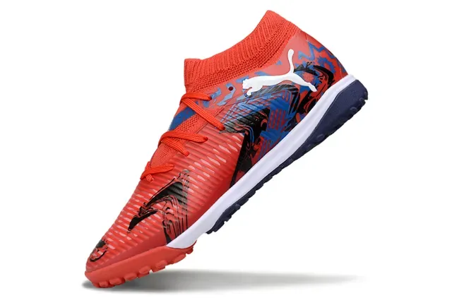Puma Red Navy Knit Sock Collar Ribbed Synthetic Overlay Turf Soccer Shoes 3