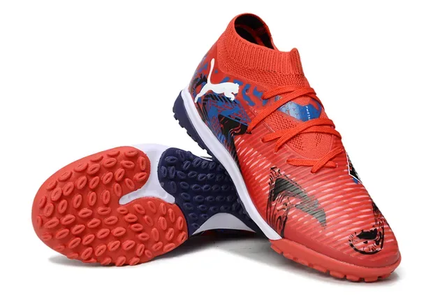 Puma Red Navy Knit Sock Collar Ribbed Synthetic Overlay Turf Soccer Shoes 4