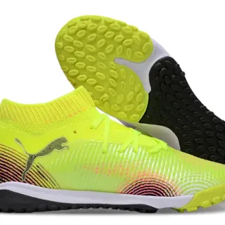 Puma पीला काला निट हाई-टॉप कॉलर खुरदुरी तरंग पैटर्न वाली सिंथेटिक ओवरले टर्फ फुटबॉल जूते